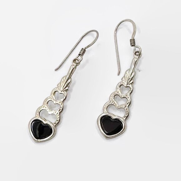 Jewelry - Garnet Earrings, Sterling Silver, Hearts, Vintage, Lightweight, Pierced, Dangle